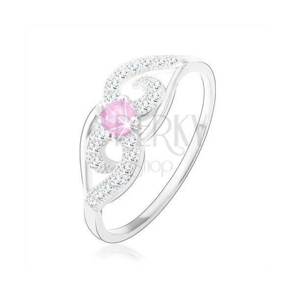 Stříbrný prsten 925, asymetricky zatočené linie, světle růžový kulatý zirkon