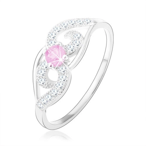Stříbrný prsten 925, asymetricky zatočené linie, světle růžový kulatý zirkon - Velikost: 55