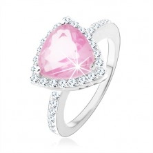 Stříbrný 925 prsten, trojúhelníkový růžový zirkon, blýskavý čirý lem