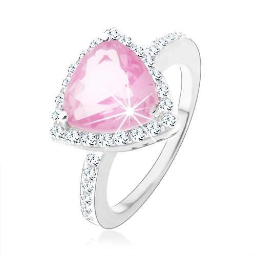 Stříbrný 925 prsten, trojúhelníkový růžový zirkon, blýskavý čirý lem - Velikost: 60