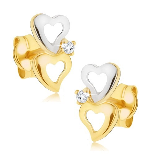 Náušnice ze 14K zlata  - dvoubarevné obrysy srdcí, blýskavý čirý diamant