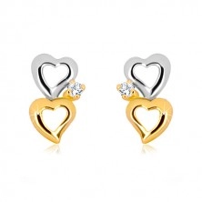 Náušnice ze 14K zlata  - dvoubarevné obrysy srdcí, blýskavý čirý diamant