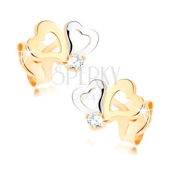 Diamantové náušnice ze zlata 585 - dvoubarevné kontury srdcí, čirý briliant