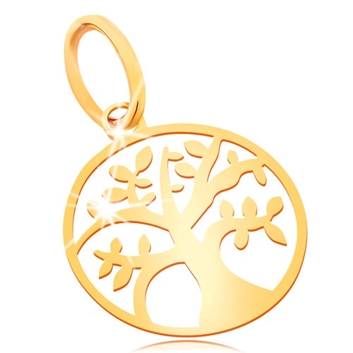 Přívěsek ze žlutého zlata 585 - malý lesklý plochý strom života v kruhu