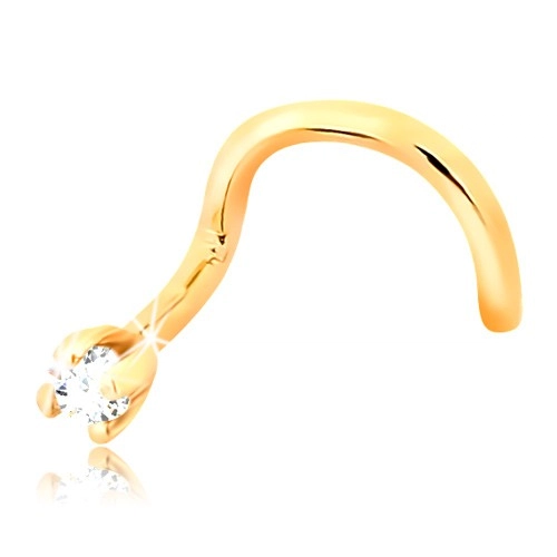 Zahnutý piercing do nosu ve žlutém 14K zlatě - čirý zářivý diamant, 1,5 mm