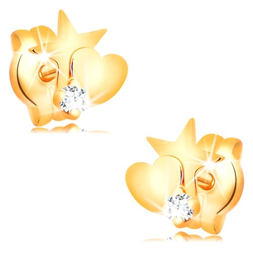 Zlaté diamantové náušnice 585 - hvězda a srdce, kulatý čirý briliant