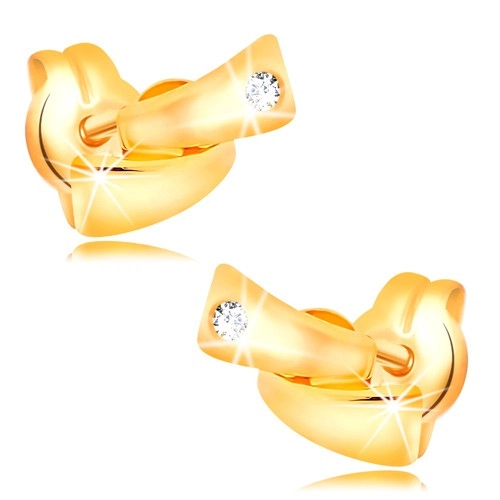 Diamantové náušnice ve žlutém 14K zlatě - dva malé oblouky, čirý briliant