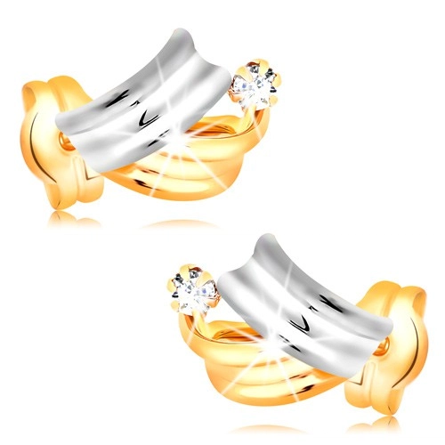 Levně Briliantové zlaté náušnice 14K - lesklé dvoubarevné oblouky, čirý kulatý diamant