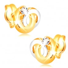 Náušnice ve 14K zlatě - dvoubarevné propojené prstence, zářivý čirý briliant