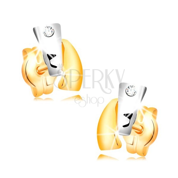 Diamantové náušnice ze 14K zlata - dvoubarevné oblouky, čirý briliant