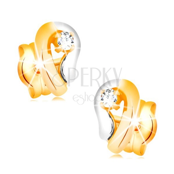 Zlaté 14K náušnice, dvoubarevná kontura kapky se zářivým diamantem