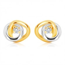 Náušnice ve 14K zlatě - dvoubarevné propojené prstence, čirý třpytivý briliant