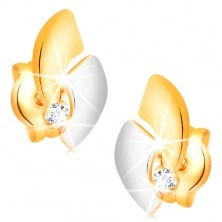 Zlaté 14K náušnice s blýskavým diamantem, dvoubarevné oblouky, puzetky