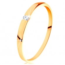 Zlatý 14K prsten - blýskavý zirkon čiré barvy, hladká vypouklá ramena