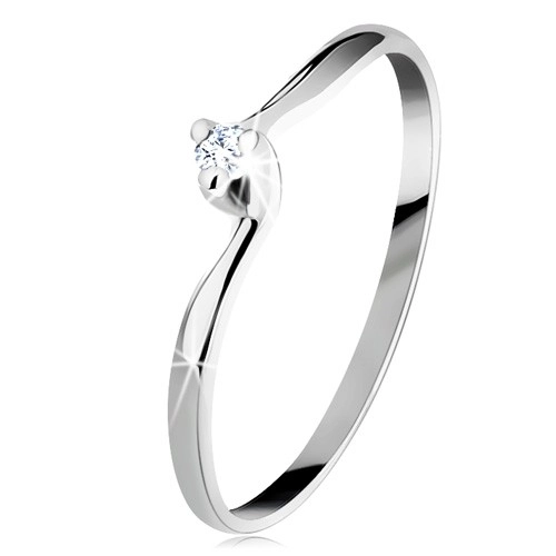 Zásnubní prsten v bílém 14K zlatě - čirý zirkon, úzká zahnutá ramena - Velikost: 52
