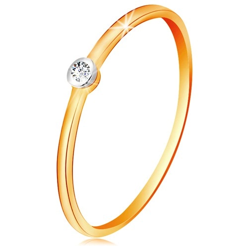 Zlatý dvoubarevný prsten 585 - čirý zirkon v kruhové objímce, tenká ramena - Velikost: 54