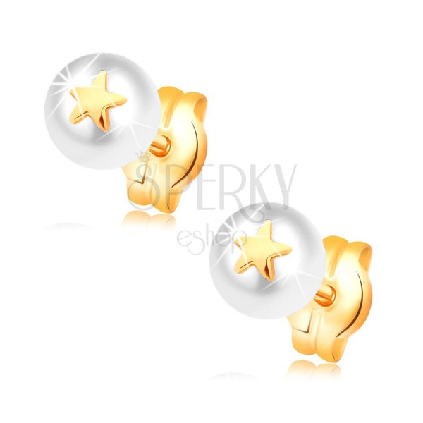 Náušnice ze žlutého 14K zlata -  bílá perla s malou lesklou hvězdičkou