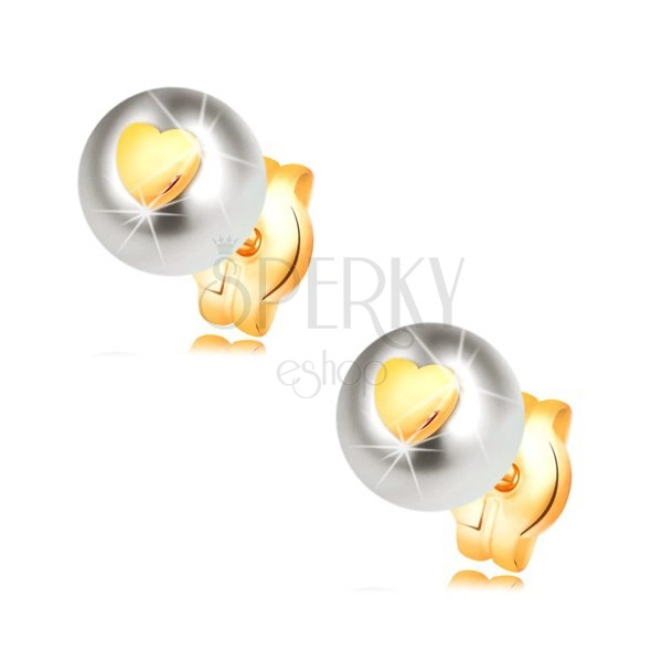 Zlaté náušnice 585 - bílá perla s lesklým souměrným srdíčkem