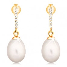 Zlaté 14K náušnice - visící oválná perla bílé barvy, zirkonový oblouk
