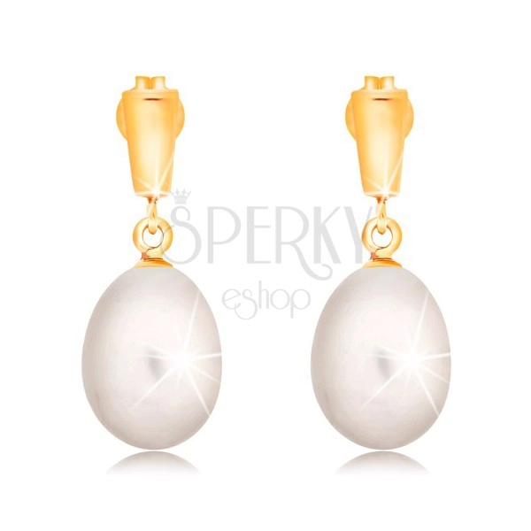 Zlaté 14K náušnice - visící oválná perla bílé barvy, lesklý proužek