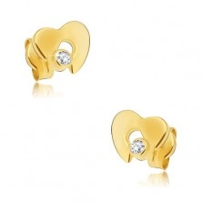 Diamantové zlaté náušnice 585 - lesklé srdce s výřezem a čirým briliantem