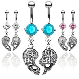Dvojitý piercing do pupíku - přepůlené srdce BEST FRIEND - Barva piercing: Čirá