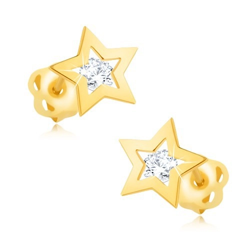 Levně Briliantové náušnice ze žlutého 14K zlata - obrys hvězdičky, čirý diamant