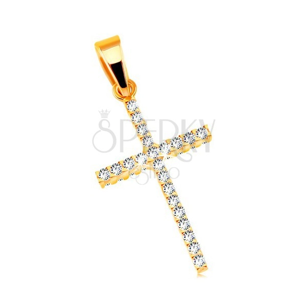 Přívěsek ve žlutém 14K zlatě - latinský kříž, oboustranně vsazené čiré zirkony