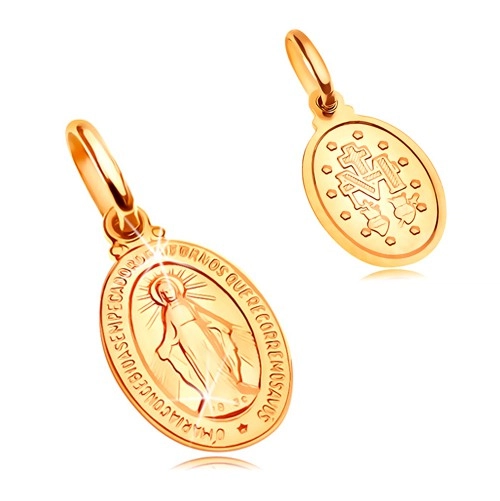 Přívěsek ve žlutém 14K zlatě - oválná známka se symboly Panny Marie