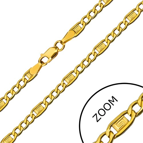 Levně Zlatý řetízek 585 - tři oválná očka, článek s řeckým klíčem, 450 mm