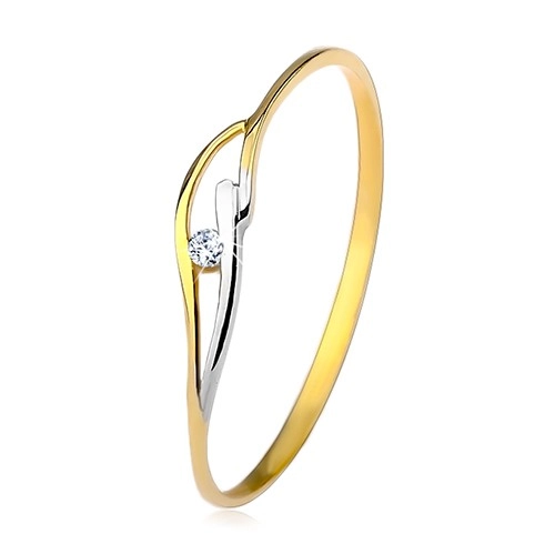Prsten ve žlutém a bílém 14K zlatě, úzká ramena, vlnky a zirkon čiré barvy - Velikost: 60
