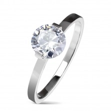 Ocelový zásnubní prsten stříbrné barvy, kulatý čirý zirkon, lesklá ramena