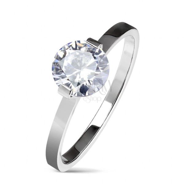 Ocelový zásnubní prsten stříbrné barvy, kulatý čirý zirkon, lesklá ramena