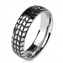 Ocelový prsten stříbrné barvy, strukturovaný dezén pneumatiky, 6 mm