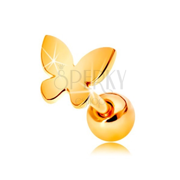 Zlatý 585 piercing do ucha - malý plochý motýlek s lesklým povrchem