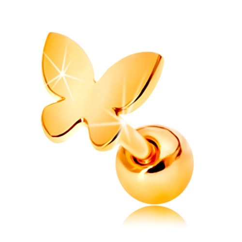 Zlatý 585 piercing do ucha - malý plochý motýlek s lesklým povrchem
