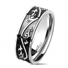 Prsten z chirurgické oceli stříbrné barvy, černý pás zdobený ornamentem, 7 mm