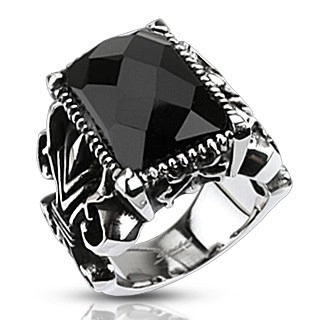 Mohutný ocelový prsten, černý broušený obdélník, vyřezávaná ramena - Velikost: 57