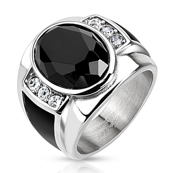 Ocelový prsten s černým broušeným oválem, čirými zirkony a černými pásy