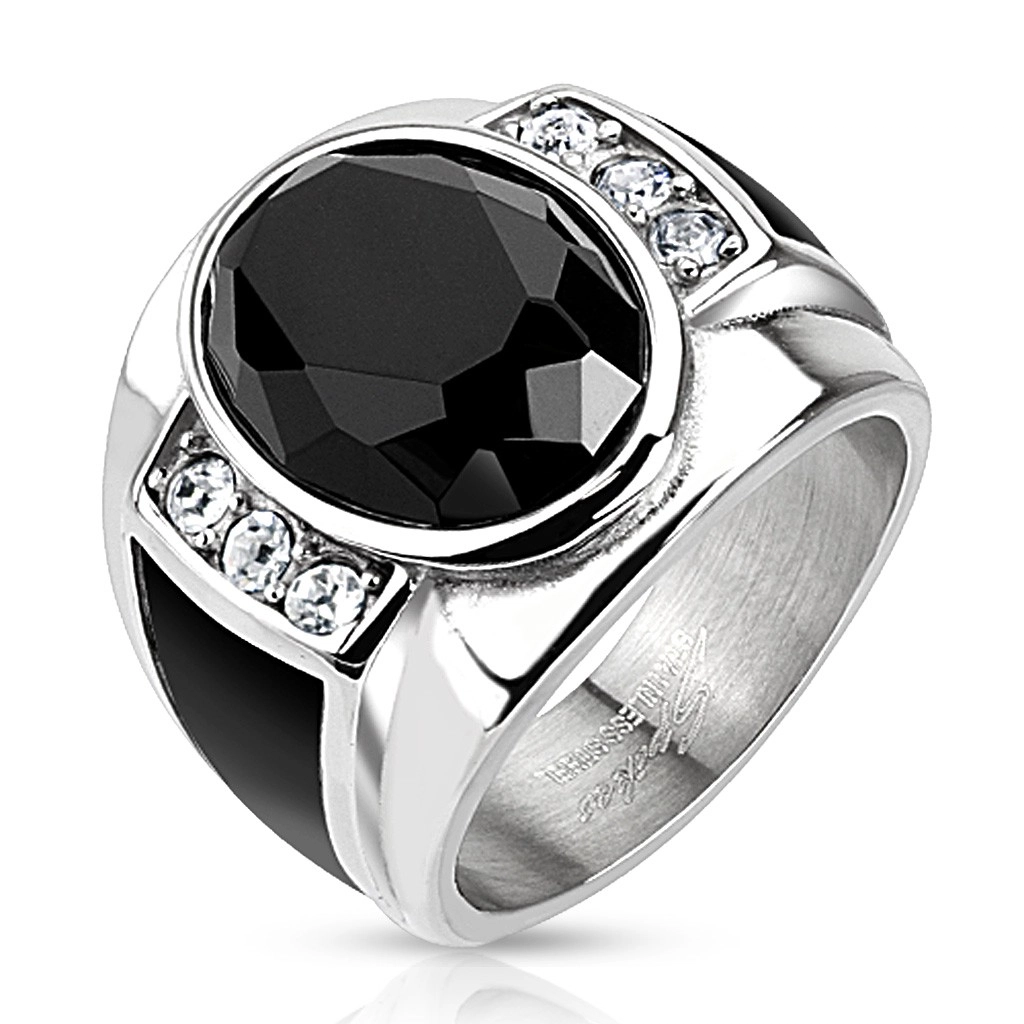 Ocelový prsten s černým broušeným oválem, čirými zirkony a černými pásy - Velikost: 70