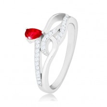 Prsten ze stříbra 925, červený slzičkovitý zirkon, zvlněné zirkonové linie