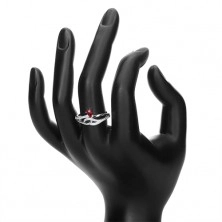 Prsten ze stříbra 925, červený slzičkovitý zirkon, zvlněné zirkonové linie