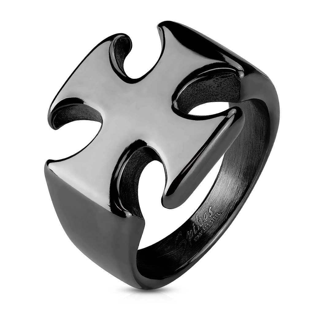 Mohutný černý prsten z oceli 316L, hladký lesklý maltézský kříž - Velikost: 70