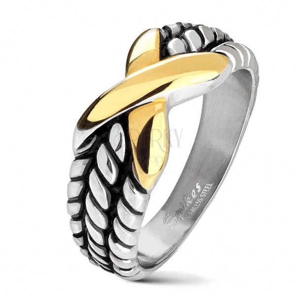 Ocelový prsten stříbrné barvy, zářezy na ramenech, X zlaté barvy