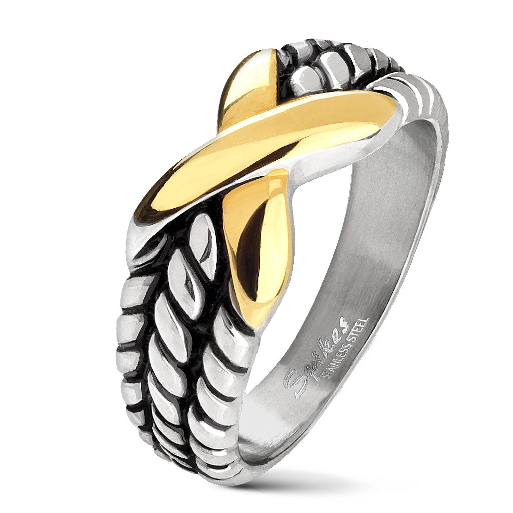 Ocelový prsten stříbrné barvy, zářezy na ramenech, X zlaté barvy - Velikost: 54