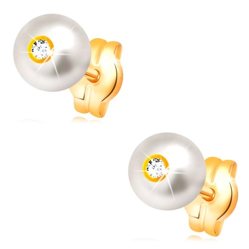 Zlaté náušnice 14K - kulatá bílá perla se vsazeným čirým zirkonem, 5 mm