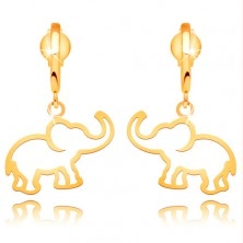 Náušnice ze žlutého 14K zlata - kontura slona visící na lesklém oblouku