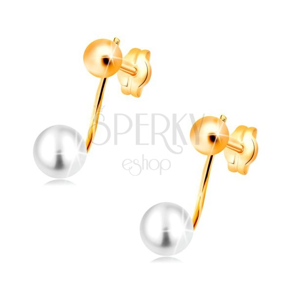 Náušnice ve žlutém 14K zlatě - lesklá kulička a bílá perla na tyčince