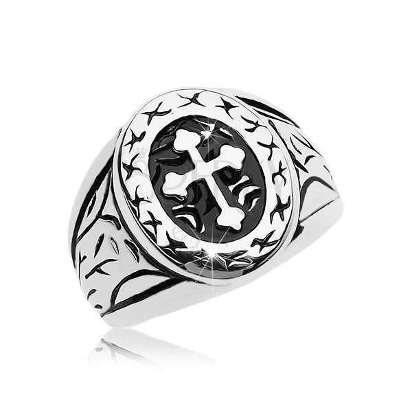 Prsten stříbrné barvy, chirurgická ocel, velký ovál s jetelovým křížem
