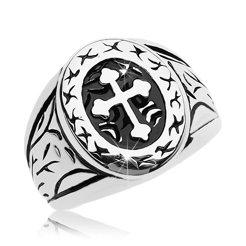 Prsten stříbrné barvy, chirurgická ocel, velký ovál s jetelovým křížem - Velikost: 62